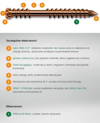 WKRĘT TARASOWY A2 (100) TX 5.0*60MM SPAX-D STARE ZŁOTO