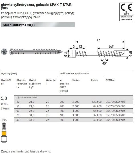 WKRĘT TARASOWY A2 (100) TX 5.0*60MM SPAX-D
