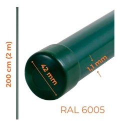 SŁUPEK OGRODZENIOWY RURA FI 42MM 1.1MM 2M ZIELONY RAL 6005