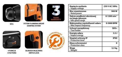 MŁOTOWIERTARKA SDS+ 900W 3.5 J