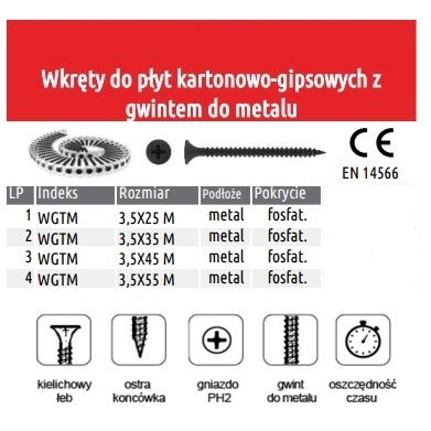 WKRĘTY NA TAŚMIE 3.5*45MM PŁYTA GK-PROFIL METAL/FOSFAT/PH2